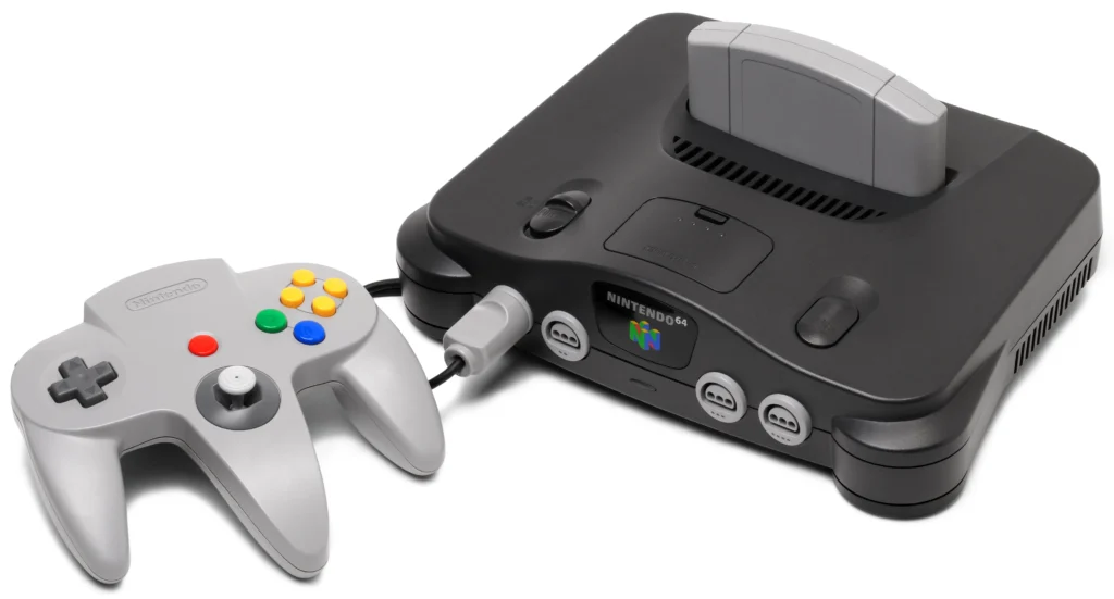 Consola Nintendo 64 original en color gris con mando, vista frontal.