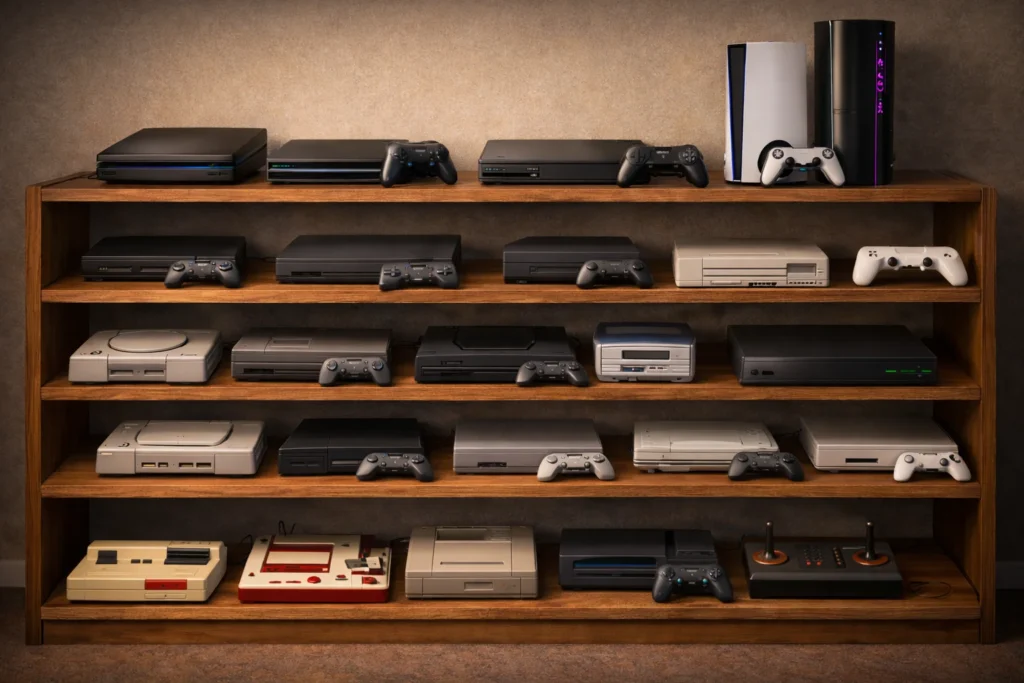 Estantería con consolas de videojuegos organizadas por generaciones, desde modelos antiguos hasta sistemas modernos.