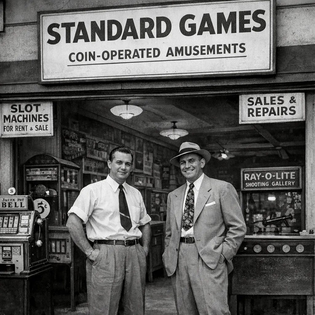 Recreación artística de los fundadores de Standard Games, empresa precursora de SEGA, en un local de máquinas recreativas en los años 40.