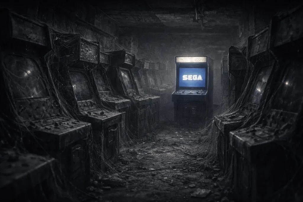 Máquina arcade encendida con el nombre SEGA en un salón recreativo abandonado.