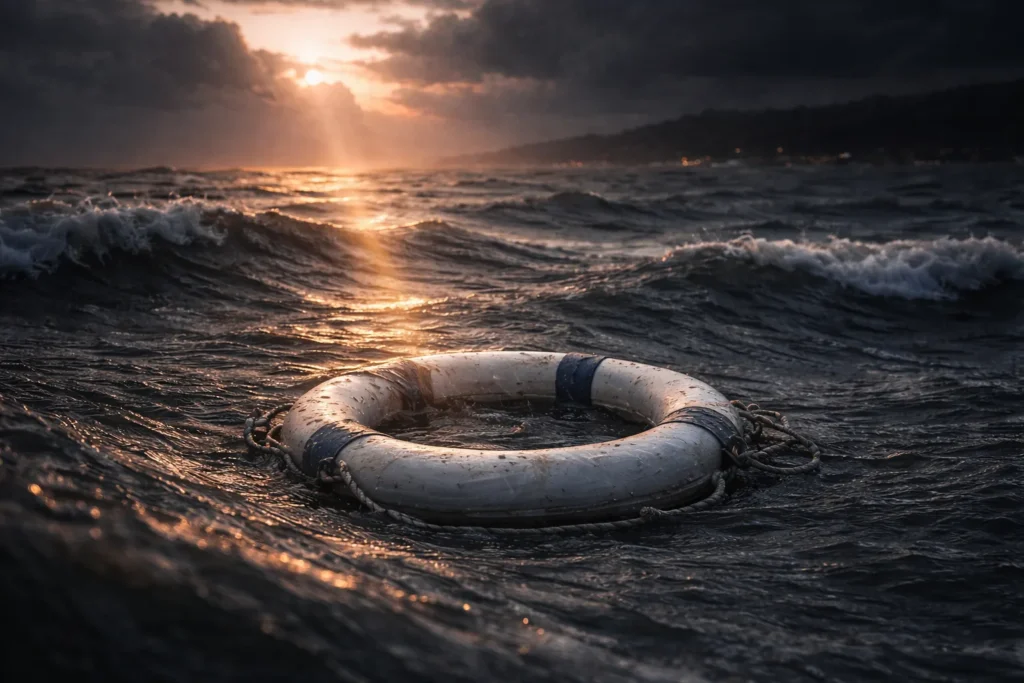 Salvavidas flotando en el mar como metáfora de la última oportunidad de SEGA para sobrevivir en la industria.