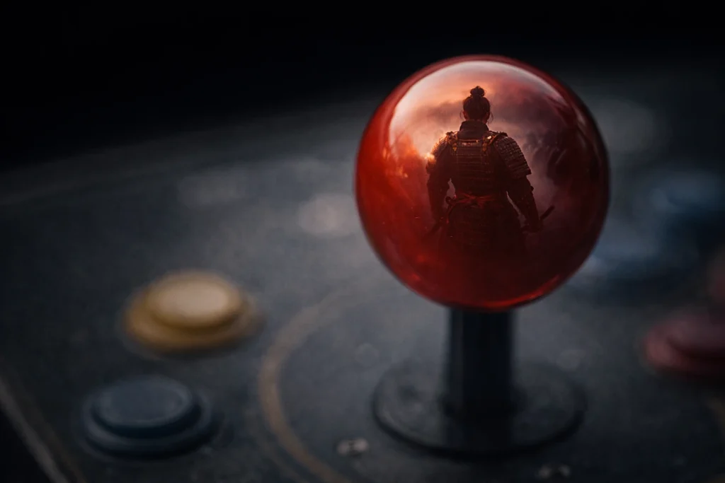 Joystick arcade con reflejo de un samurái, simbolizando el legado de SNK como el guerrero definitivo del arcade.