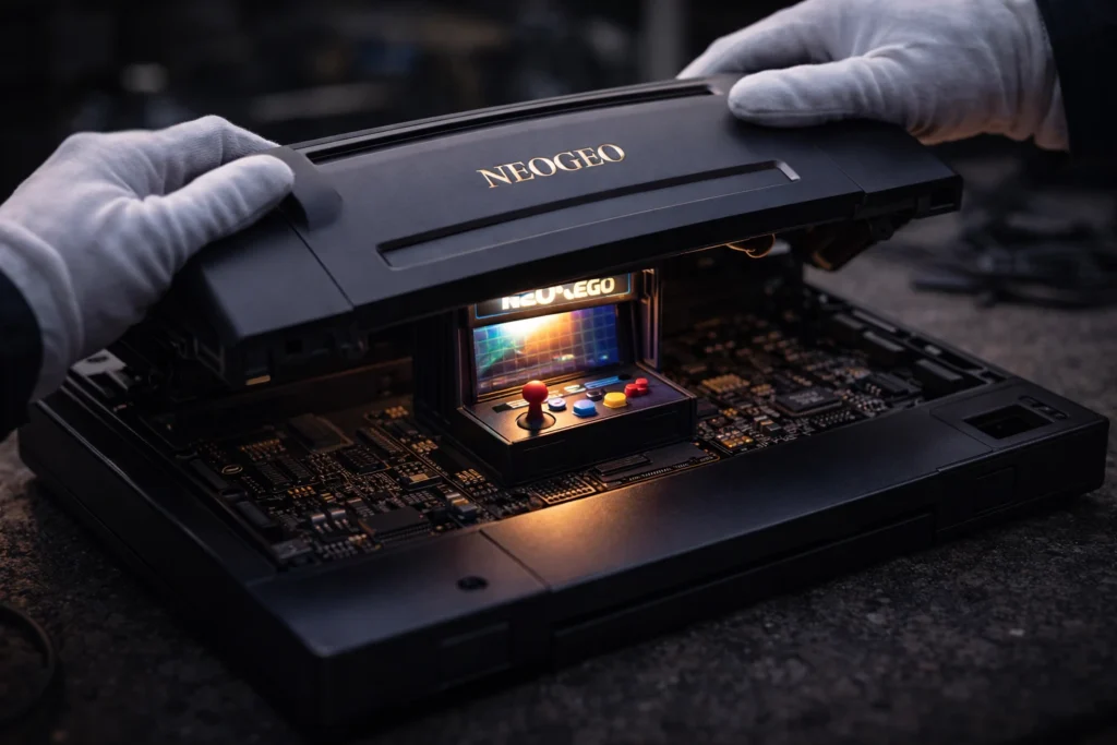 Interior de una consola Neo Geo AES mostrando un arcade en su interior, símbolo de la potencia y filosofía de SNK.