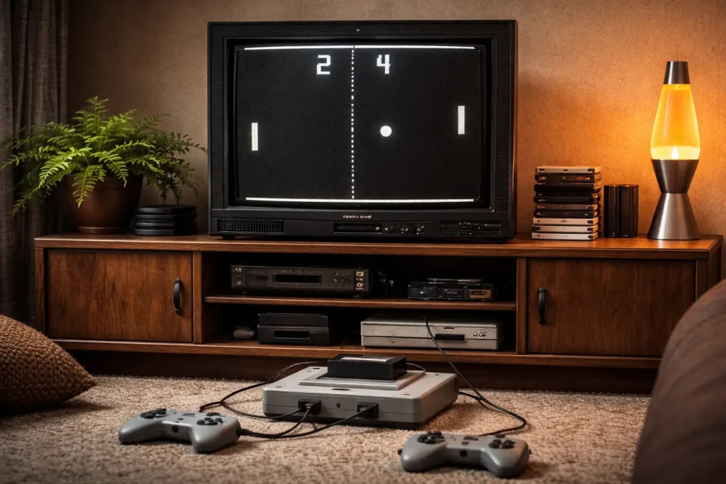 Televisor CRT sobre mueble retro con una consola clásica y mandos, mostrando el juego Pong en pantalla.