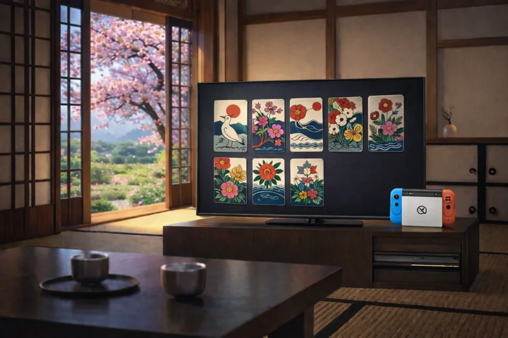 Escena que representa la evolución de Nintendo desde las cartas hanafuda hasta las consolas modernas, en un salón japonés tradicional.
