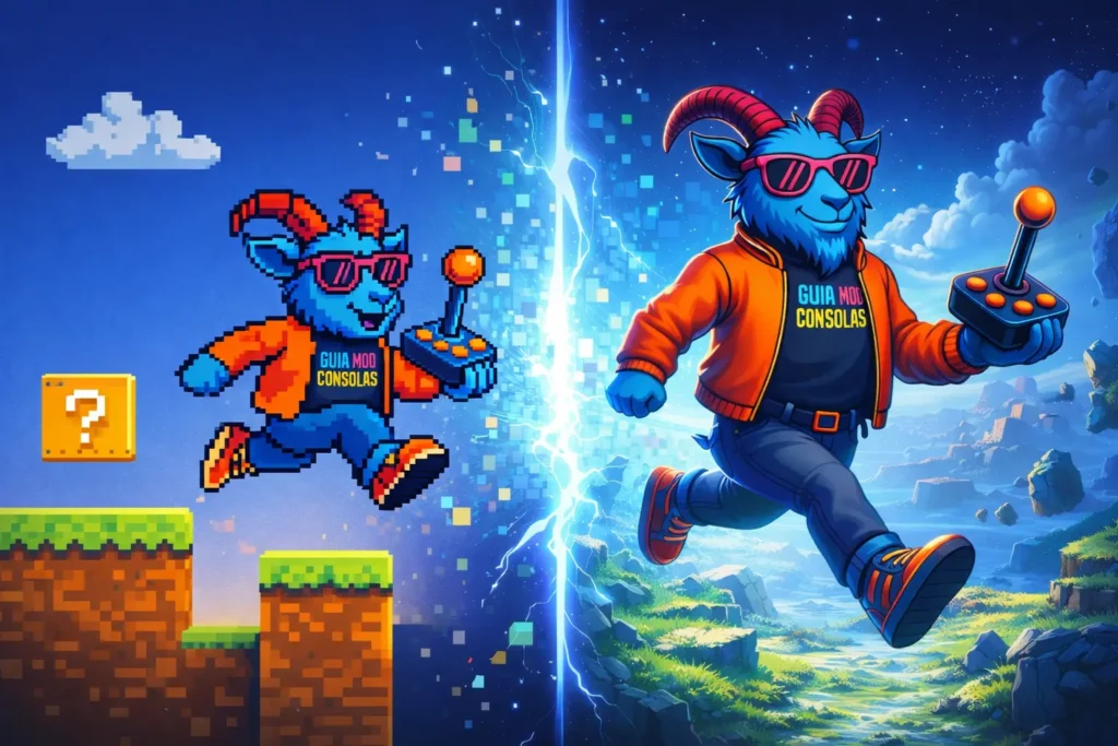 Ilustración de la evolución del videojuego desde gráficos 2D hasta entornos 3D modernos, representada por el personaje Caprobit.